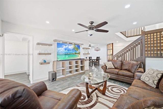 11696 NW 20th Dr Unit 11696, Coral Springs, FL 33071 - living area featuring ceiling fan, recessed lighting, stairway, and baseboards