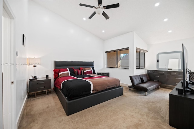 11696 NW 20th Dr Unit 11696, Coral Springs, FL 33071 - bedroom featuring light colored carpet, recessed lighting, baseboards, a ceiling fan, and high vaulted ceiling