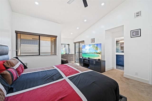 11696 NW 20th Dr Unit 11696, Coral Springs, FL 33071 - bedroom with light carpet, a towering ceiling, ceiling fan, baseboards, and recessed lighting