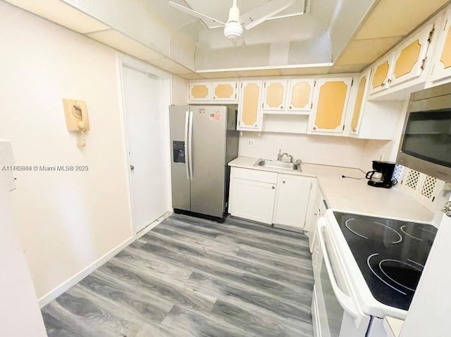 kitchen featuring wood finished floors, a sink, light countertops, glass insert cabinets, and appliances with stainless steel finishes