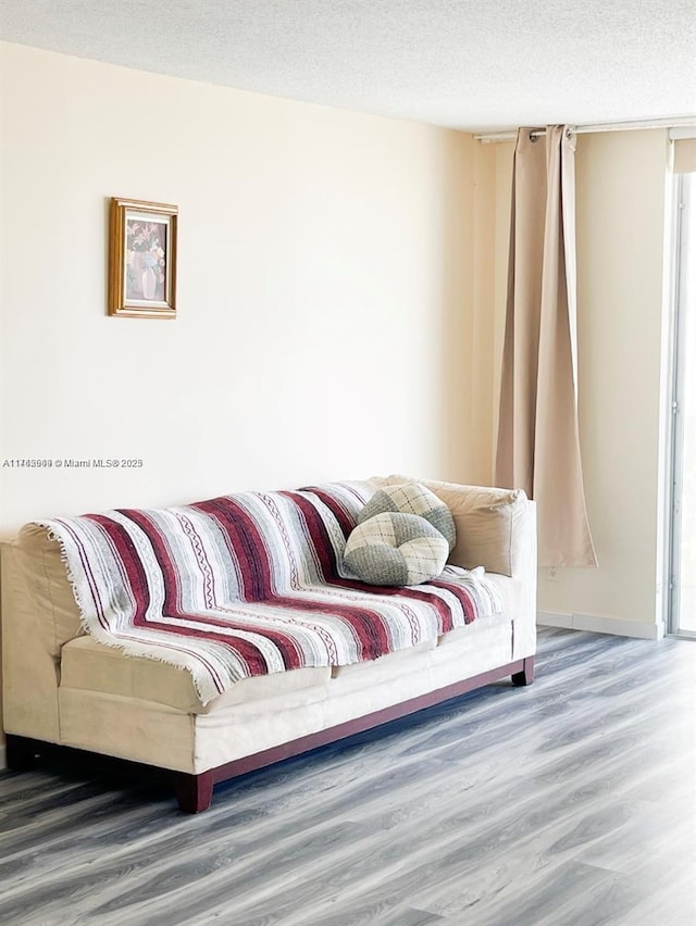 living room featuring a textured ceiling and wood finished floors