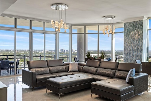 living room featuring a view of city, an inviting chandelier, and floor to ceiling windows