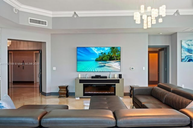 living area with baseboards, visible vents, ornamental molding, a glass covered fireplace, and marble finish floor