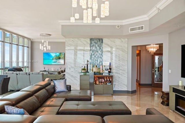 living room featuring an inviting chandelier, visible vents, marble finish floor, and ornamental molding