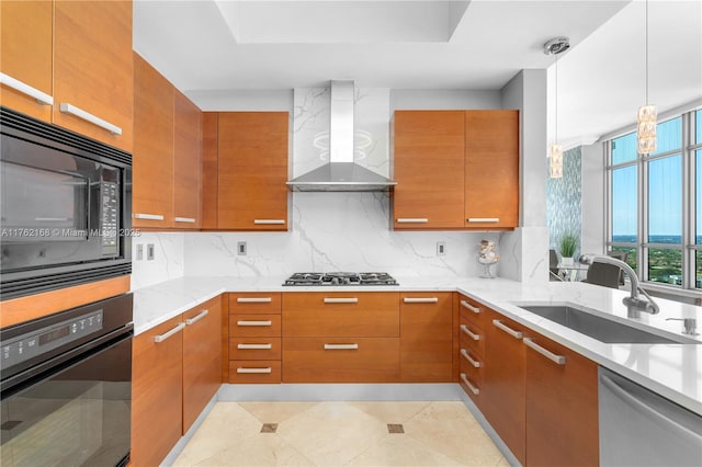 3535 S Ocean Dr Unit 2606, Hollywood, FL 33019 - kitchen with wall chimney exhaust hood, black appliances, a sink, and plenty of natural light