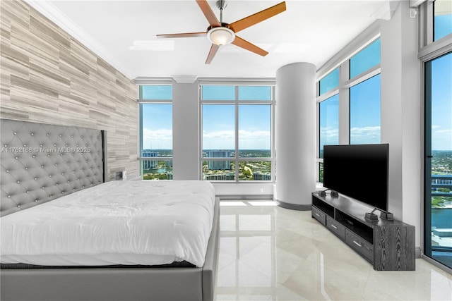 3535 S Ocean Dr Unit 2606, Hollywood, FL 33019 - bedroom with a ceiling fan, baseboards, tile patterned floors, and crown molding