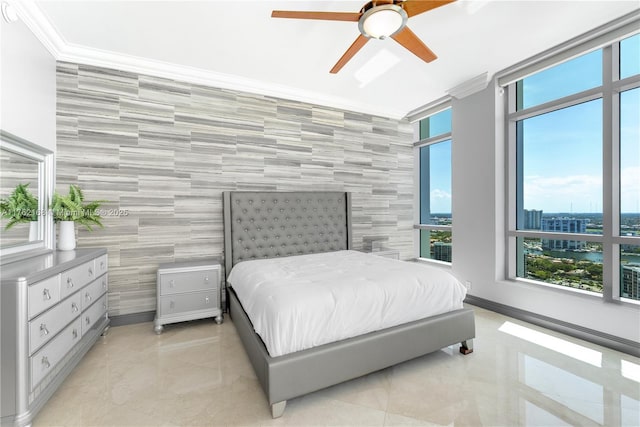 3535 S Ocean Dr Unit 2606, Hollywood, FL 33019 - bedroom featuring an accent wall, crown molding, a ceiling fan, and baseboards