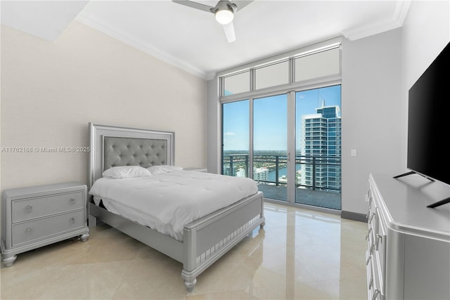 3535 S Ocean Dr Unit 2606, Hollywood, FL 33019 - bedroom with ornamental molding, access to exterior, light tile patterned floors, and ceiling fan