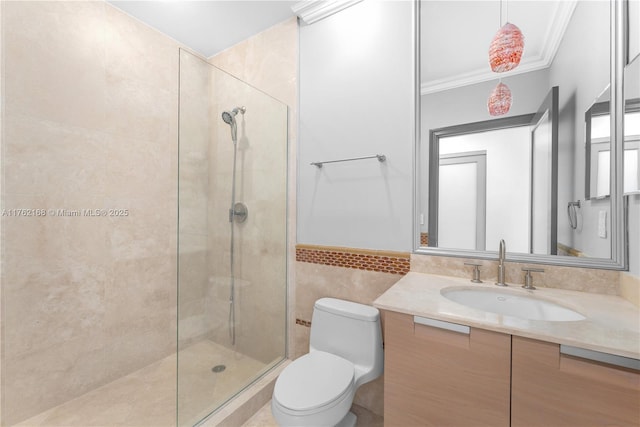 3535 S Ocean Dr Unit 2606, Hollywood, FL 33019 - full bath with vanity, toilet, tiled shower, crown molding, and tile walls