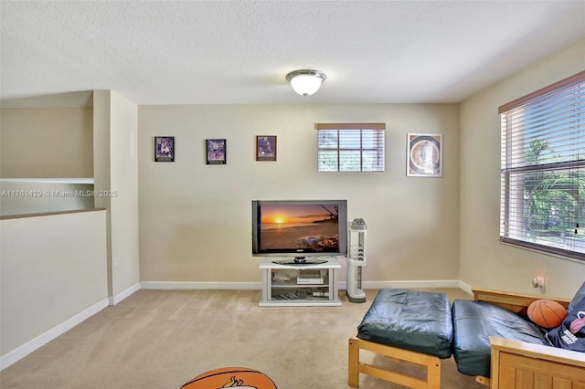 living area with a wealth of natural light, baseboards, light colored carpet, and a textured ceiling