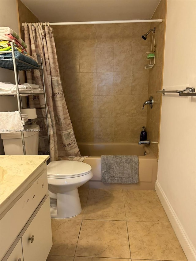 bathroom with shower / bathtub combination with curtain, toilet, tile patterned flooring, baseboards, and vanity