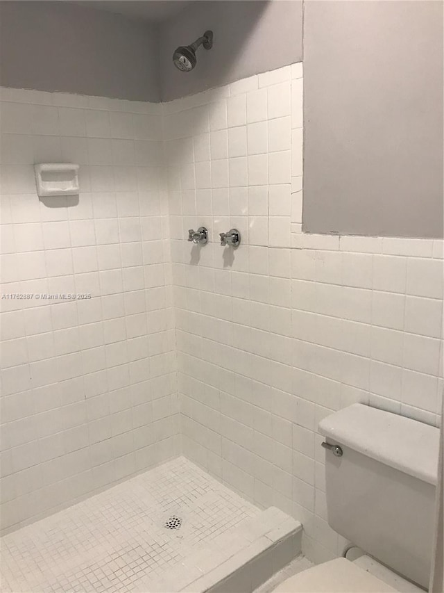 full bathroom featuring a shower stall, tile walls, and toilet