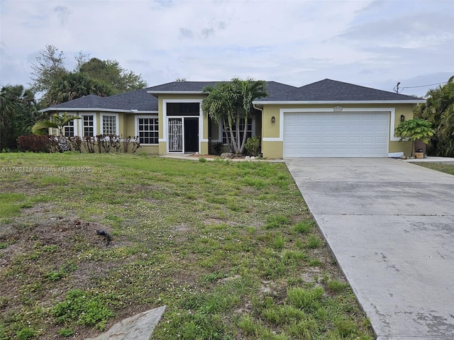 view of front of home with a front lawn, an attached garage, concrete driveway, and stucco siding