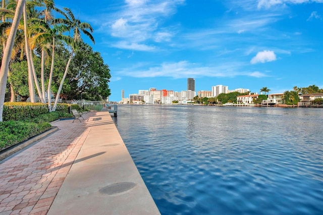 dock area with a view of city and a water view