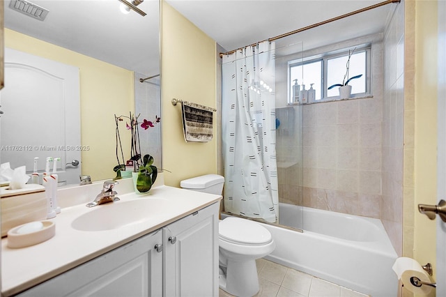 full bathroom with tile patterned flooring, visible vents, toilet, shower / tub combo with curtain, and vanity