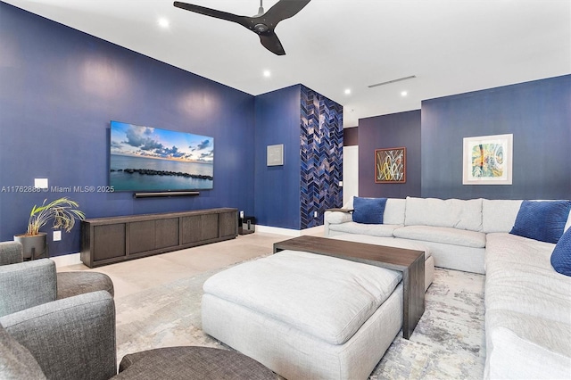 carpeted living room featuring visible vents, recessed lighting, baseboards, and a ceiling fan