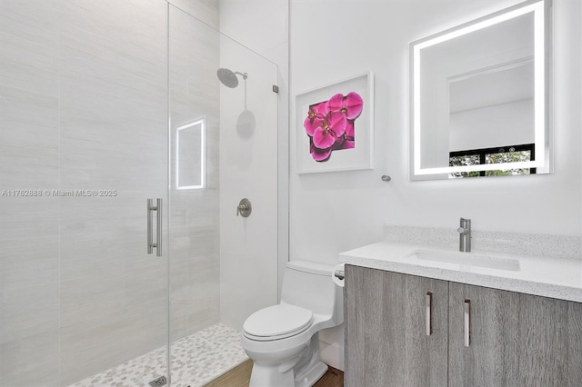 bathroom with a shower stall, vanity, and toilet