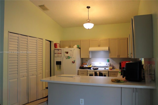 kitchen with visible vents, under cabinet range hood, white appliances, a peninsula, and light countertops