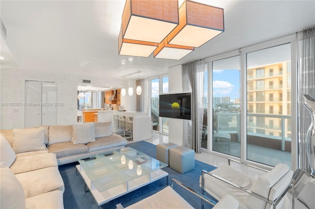 living area featuring floor to ceiling windows