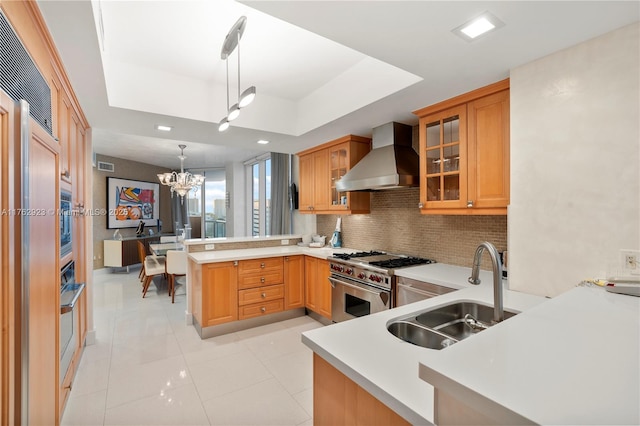 kitchen with stainless steel stove, wall chimney exhaust hood, a tray ceiling, and a sink