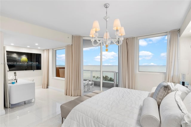 tiled bedroom featuring an inviting chandelier, access to exterior, recessed lighting, and baseboards