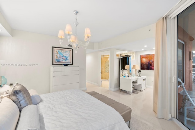 bedroom with light tile patterned flooring, a chandelier, connected bathroom, and baseboards