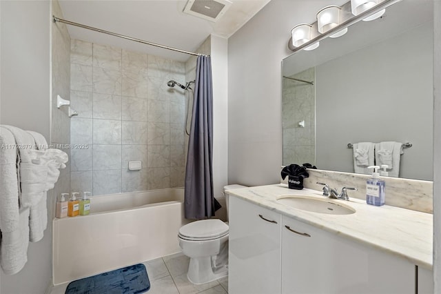 bathroom featuring vanity, toilet, shower / bath combo, and visible vents