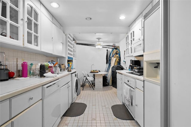 1111 Crandon Blvd Unit B506, Key Biscayne, FL 33149 - kitchen with white appliances, white cabinets, backsplash, a ceiling fan, and recessed lighting