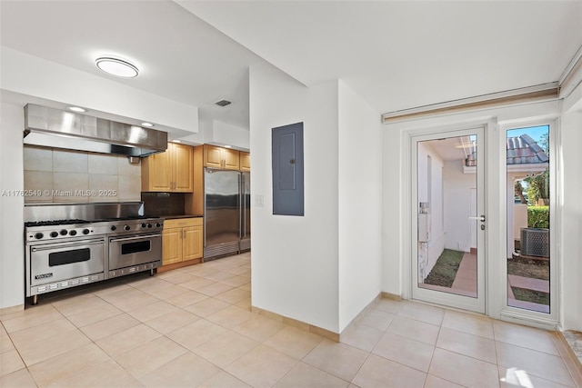 1690 Daytonia Rd, Miami Beach, FL 33141 - kitchen with stainless steel appliances, electric panel, tasteful backsplash, exhaust hood, and light tile patterned floors