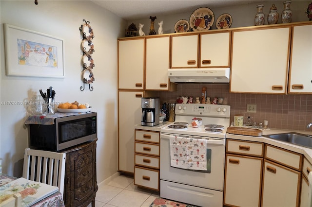 kitchen with under cabinet range hood, stainless steel microwave, a sink, white range with electric stovetop, and decorative backsplash