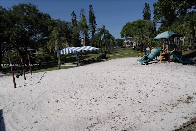 community play area featuring volleyball court