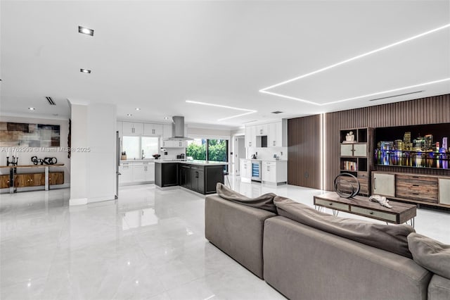 living area with marble finish floor