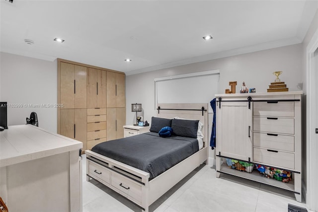 bedroom with recessed lighting, ornamental molding, and light tile patterned flooring