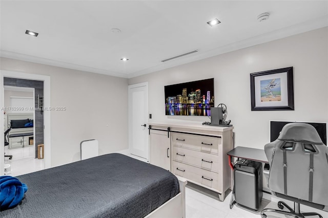 bedroom with recessed lighting, visible vents, and ornamental molding