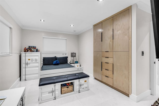 bedroom with recessed lighting, baseboards, and crown molding