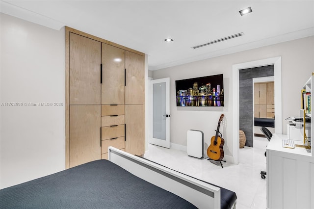 bedroom featuring recessed lighting, visible vents, and ornamental molding