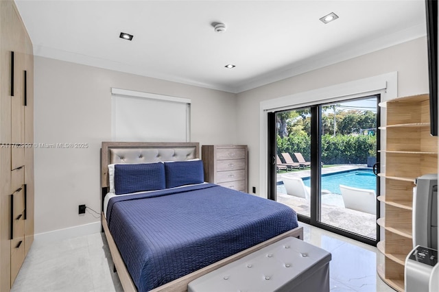 bedroom with access to exterior, crown molding, and baseboards