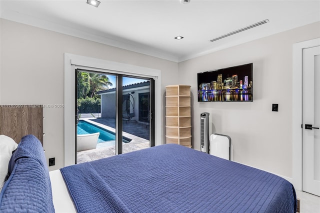 bedroom with crown molding, access to outside, and visible vents