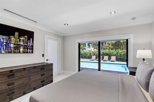 bedroom featuring visible vents, baseboards, access to exterior, and crown molding