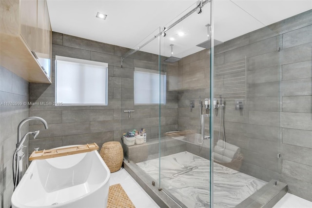 bathroom featuring a shower stall, a freestanding bath, tile walls, and a sink