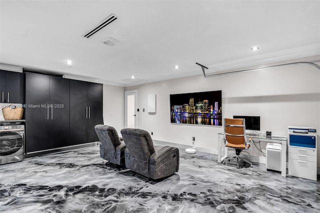 home theater room with visible vents, recessed lighting, washer / clothes dryer, and baseboards