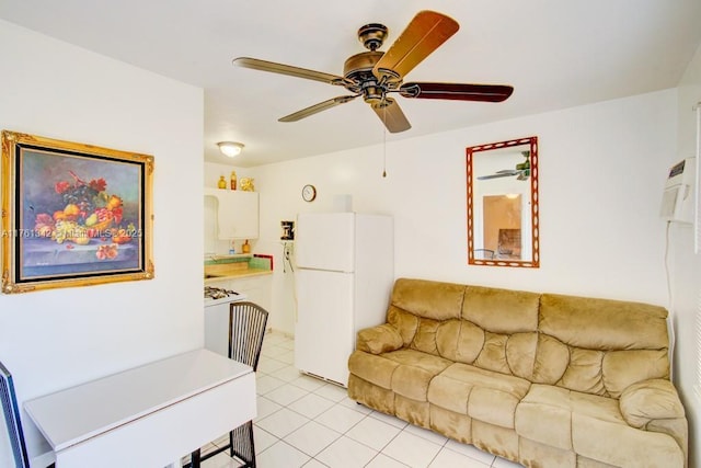 living room with light tile patterned floors and ceiling fan