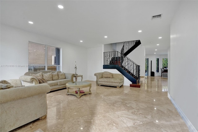 living room featuring stairs, recessed lighting, visible vents, and baseboards