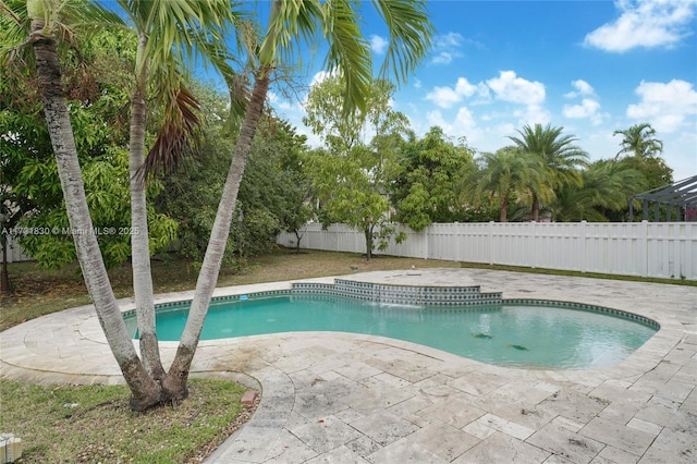 view of swimming pool featuring a fenced in pool, a patio, and a fenced backyard