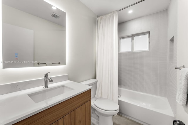 full bathroom with vanity, toilet, shower / bathtub combination with curtain, and visible vents