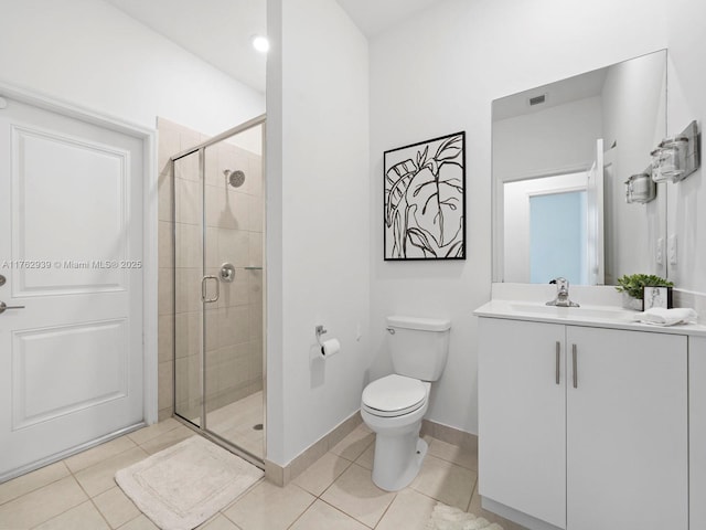 bathroom with baseboards, toilet, a stall shower, tile patterned floors, and vanity