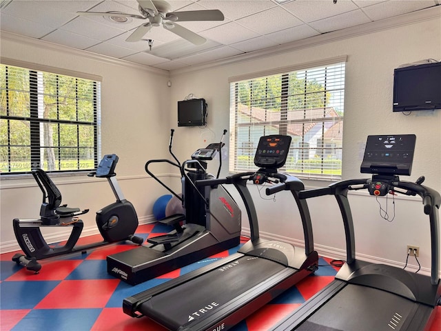 exercise room with ceiling fan, baseboards, and ornamental molding