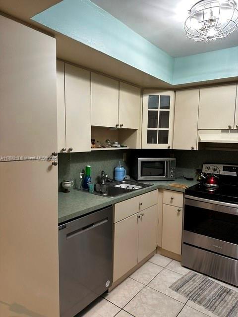 kitchen with backsplash, under cabinet range hood, appliances with stainless steel finishes, white cabinets, and a sink