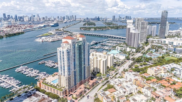 drone / aerial view with a view of city and a water view