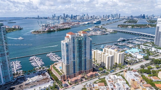 birds eye view of property featuring a view of city and a water view